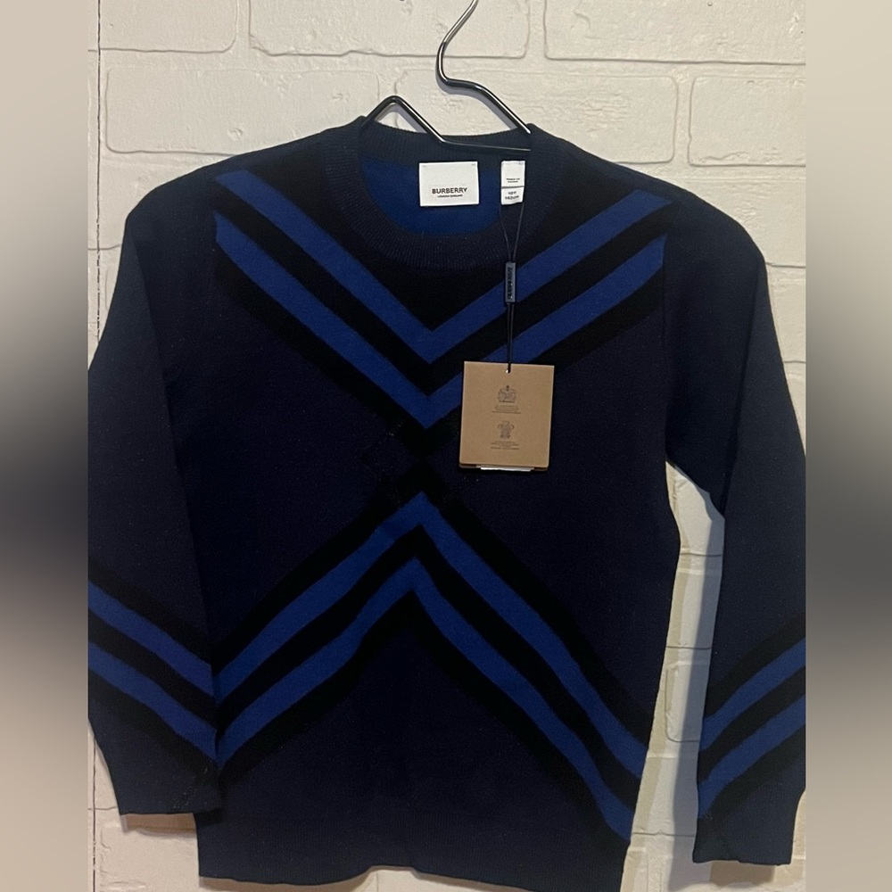 Burberry Kids' Chevron Cotton & Cashmere Crewneck Sweater.Blue, size S (10yo). - Picture 4 of 9